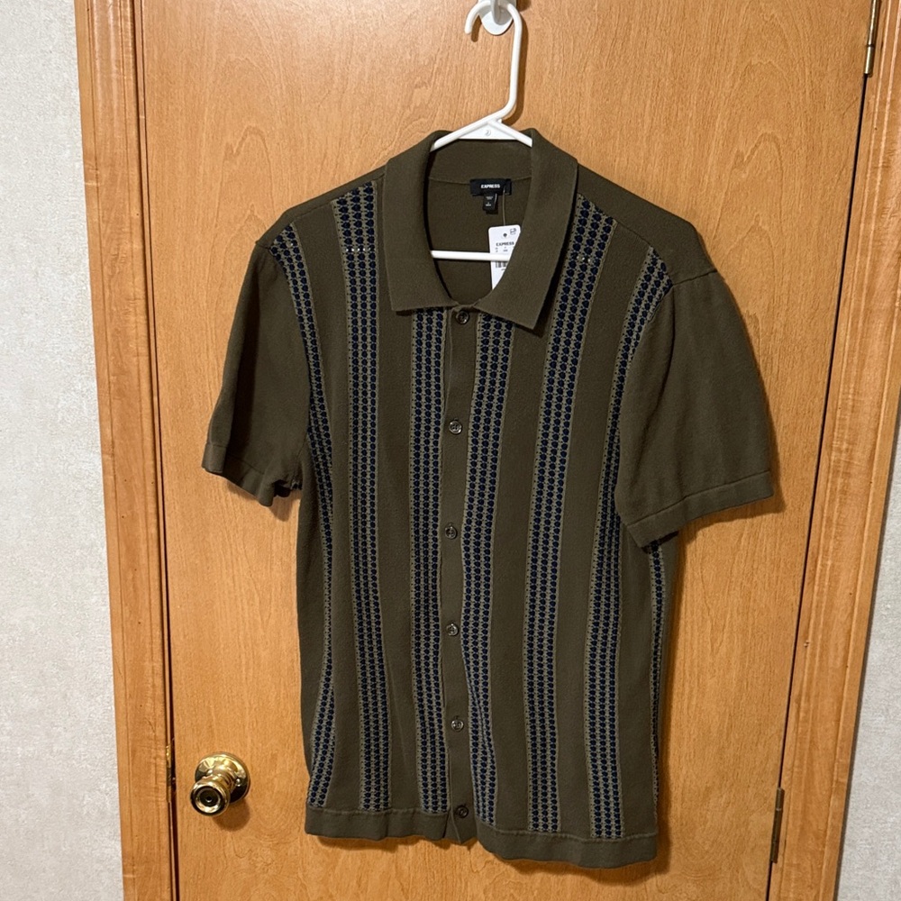 Express Men’s LT Textured Striped Cotton Short Sleeve Sweater Polo Shirt-NEW